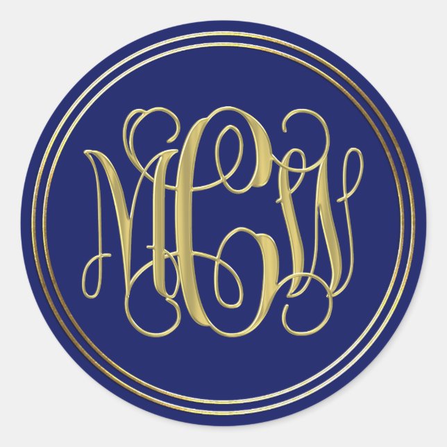 Blue Gold Preppy Vine Script Monogram DIY BG Runder Aufkleber (Vorderseite)