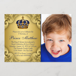 Blue Gold Prince Crown Prince Birthday Party Einladung
