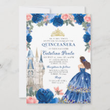 Blue Gold Princess Burg Quinceañera Einladung