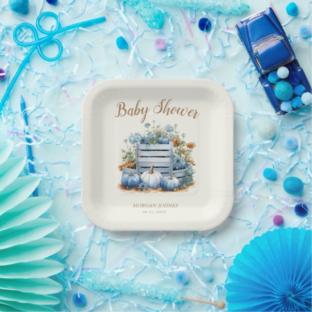 Blue Gold Pumpkin Autumn Baby Showdusche Pappteller (Party)