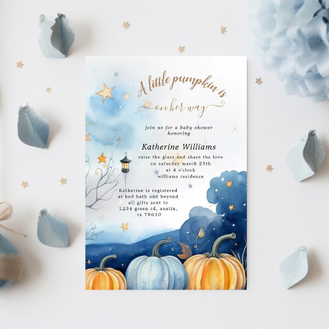 Blue Gold Pumpkin Autumn Baby Shower Einladung (Von Creator hochgeladen)