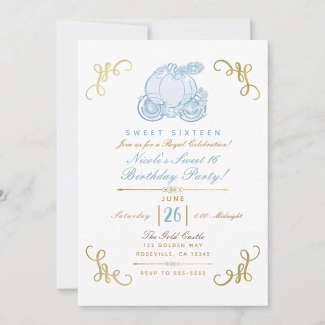 Blue & Gold Pumpkin Carriage Sweet 16 Party Einladung (Vorderseite)