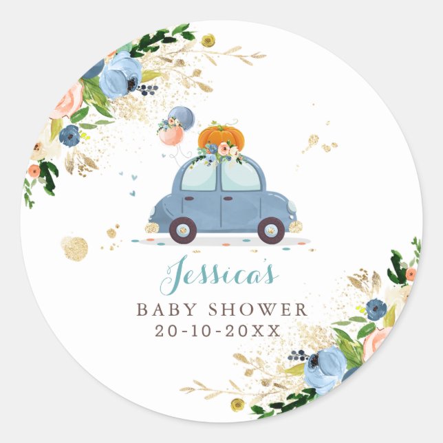Blue & Gold Pumpkin Drive By Baby Showvorteil Runder Aufkleber (Vorderseite)
