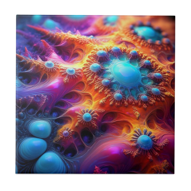 Blue Gold & Purple Psychedelic Fractal Fliese (Vorderseite)