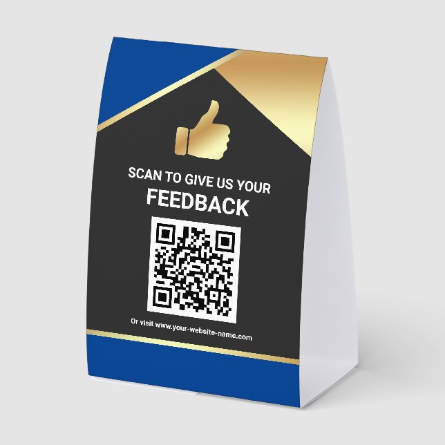 Blue Gold QR Code Customer Feedback Review Tischaufsteller (Vorderseite)
