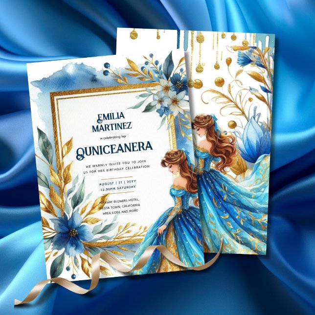 Blue Gold Quinceañera Dress Einladung (Von Creator hochgeladen)