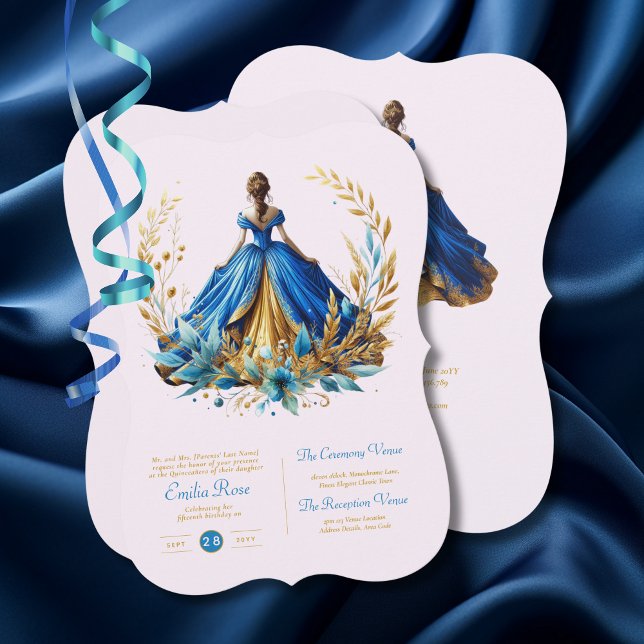 Blue Gold Quinceanera Dress Zeremonie Empfang Einladung (Von Creator hochgeladen)
