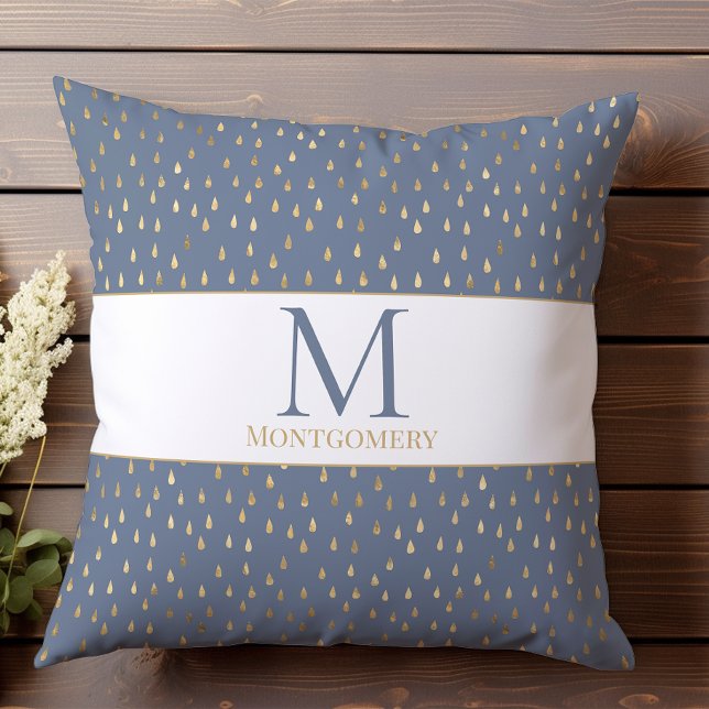 Blue Gold Raindrop Modern Trendy Monogram Kissen (Von Creator hochgeladen)