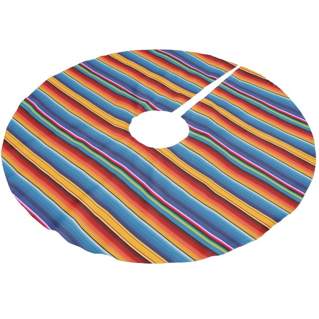 Blue Gold Red Mexican Sarape Polyester Weihnachtsbaumdecke (Schrägansicht)