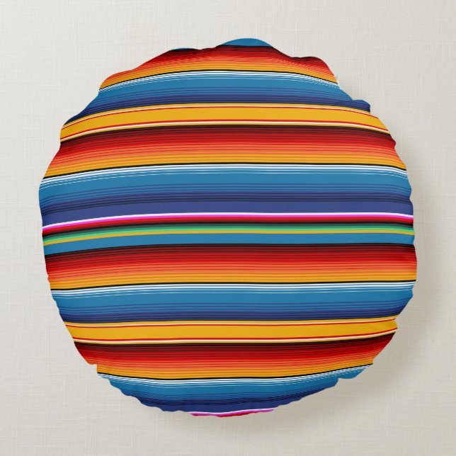 Blue Gold Red Mexican Sarape Rundes Kissen (Rückseite)