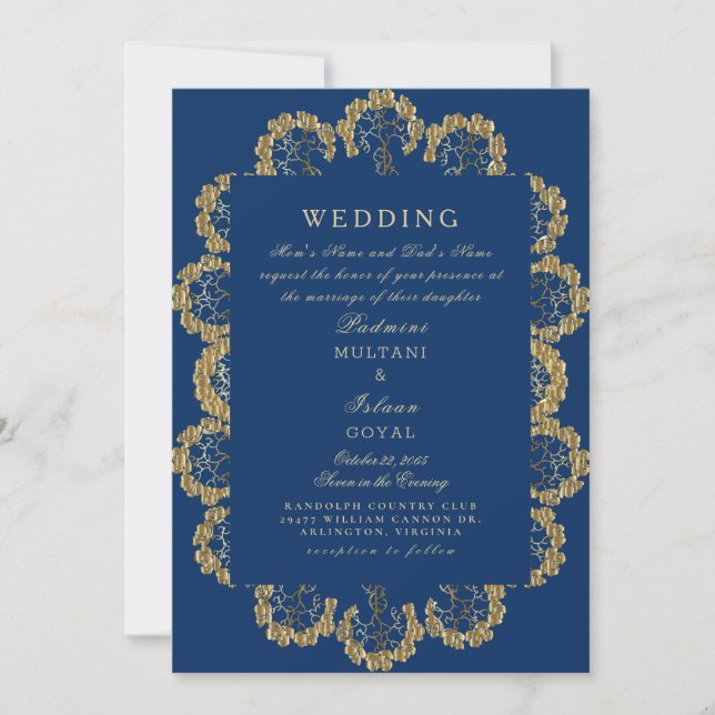 Blue & Gold Regal Indian Style Wedding Einladung (Vorderseite)