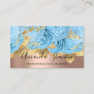 Blue Gold Rose Blume Logo Event Planner QRCode  Visitenkarte