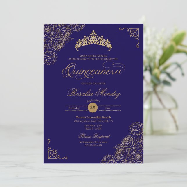 Blue & Gold Rose Elegante Quinceñera Einladung (Stehend Vorderseite)