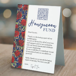 Blue & Gold Rote Rosen QR Code Honeymoon Fund Tischaufsteller