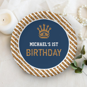 Blue Gold Royal Prince Crown Erster Geburtstag Pappteller