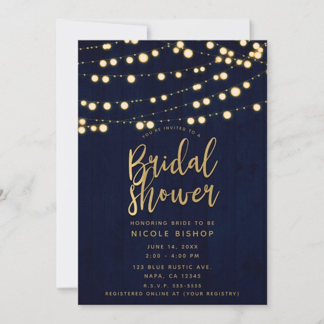 Blue Gold Rustic Wood & Lights Brautparty Einladung (Vorderseite)