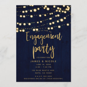 Blue Gold Rustic Wood & Lights Engagement Party Einladung