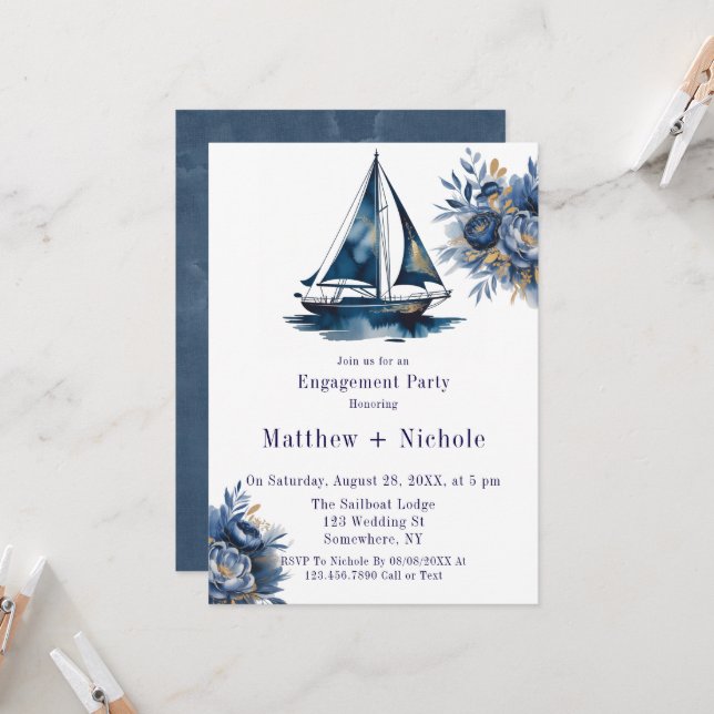 Blue & Gold Sailboat Nautical Engagement Party Einladung (Vorderseite/Rückseite Beispiel)