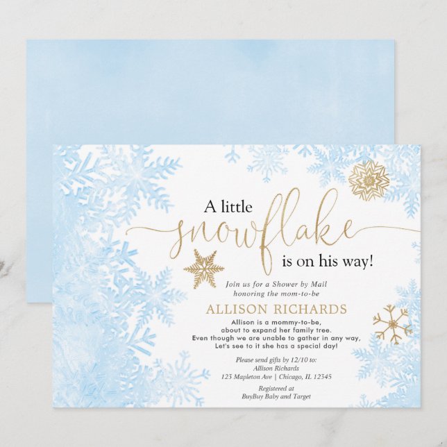 Blue Gold Schneeflocke Dusche von Mail Boy Baby Du Einladung (Vorne/Hinten)