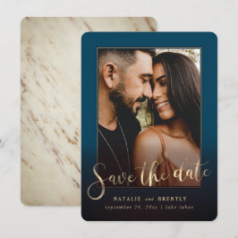 Blue Gold Script & Marble Foto Overlay Save The Date