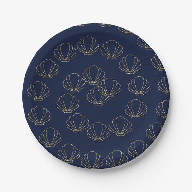 Blue & Gold Sea Muschel Mermaid Brautparty Pappteller (Vorderseite)