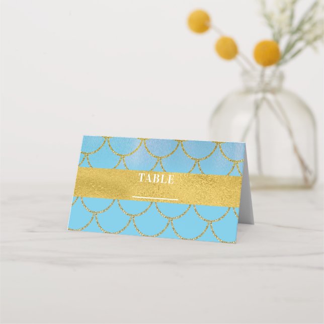 Blue Gold Shimmer Mermaid Party Tischnummer Platzkarte (Vorderseite)