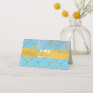 Blue Gold Shimmer Mermaid Party Tischnummer Platzkarte