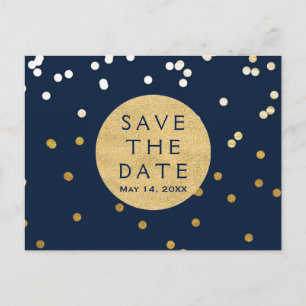 Blue & Gold Shiny Confetti Dots Save the Date Ankündigungspostkarte