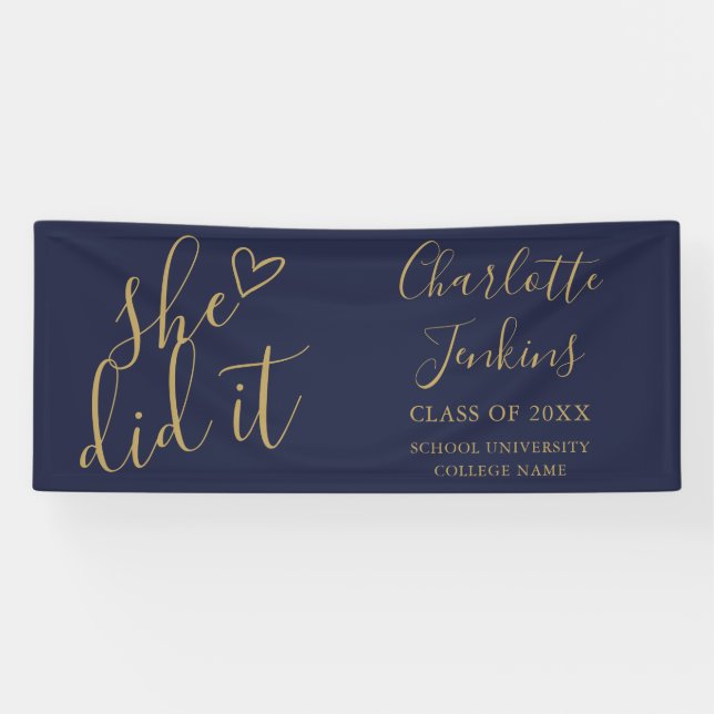 Blue Gold Sie hat Script Heart Graduation Party Banner (Horizontal)