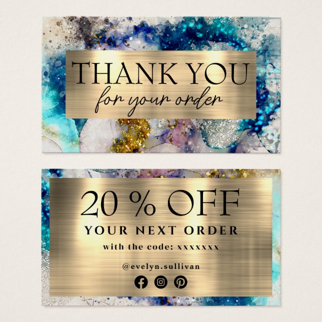 Blue Gold Silver Glitzer Aquarell Ermäßigungskarte (Vorne & Hinten)