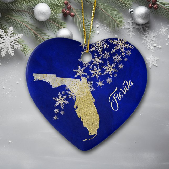Blue Gold Snowflake Florida Herz Keramik Ornament (Von Creator hochgeladen)