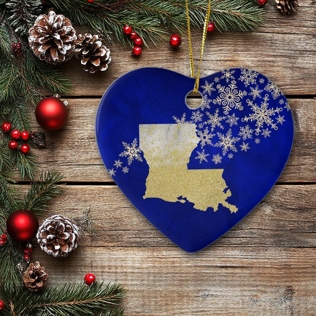 Blue Gold Snowflake Louisiana Herz Keramik Ornament (Von Creator hochgeladen)