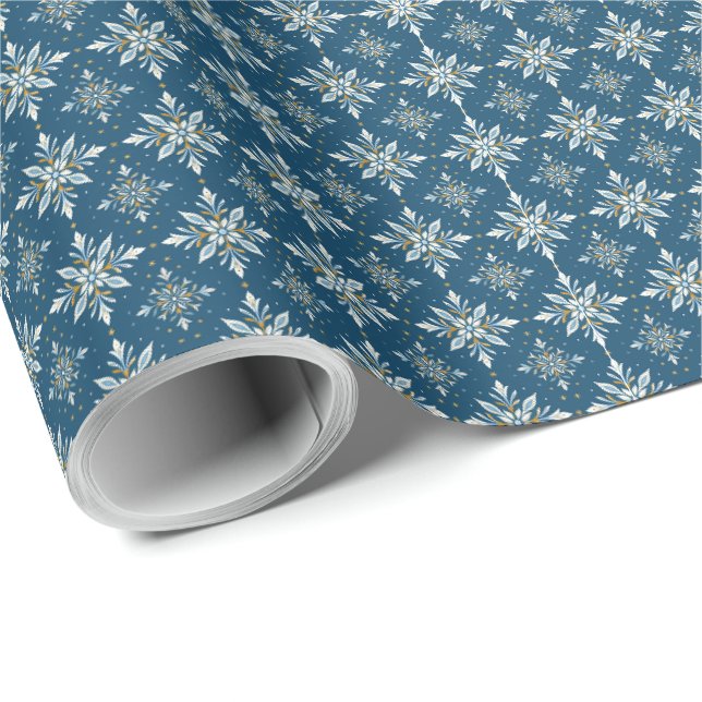 Blue Gold Snowflake Weihnachtsgeschenk Wrap Geschenkpapier (Rolleneckpunkt)