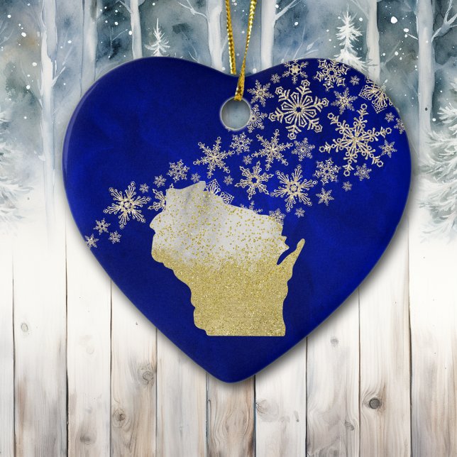 Blue Gold Snowflake Wisconsin Herz Keramik Ornament (Von Creator hochgeladen)