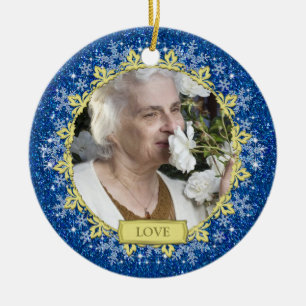 Blue Gold Snowflakes Memorial Foto Weihnachten Keramik Ornament