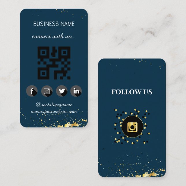 Blue Gold - Social Media QR Code Business Card Visitenkarte (Vorne/Hinten)