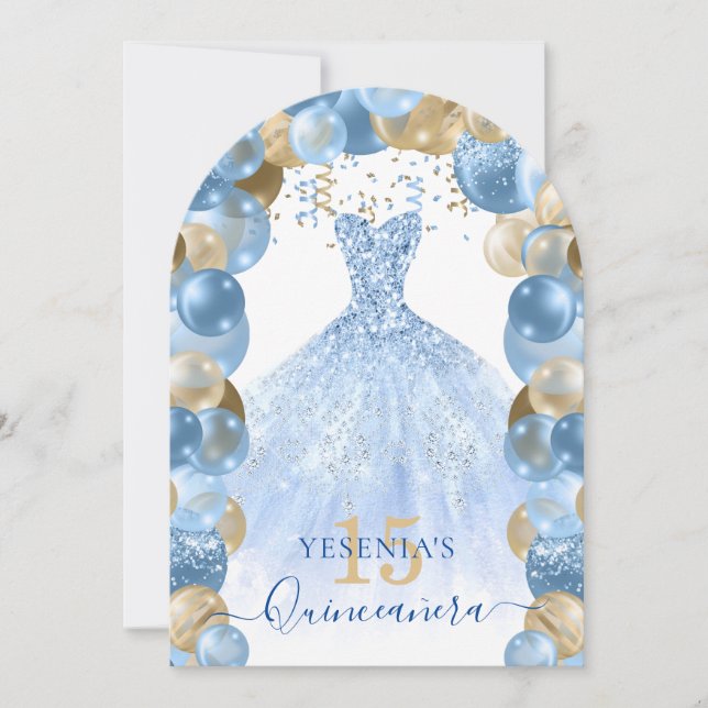 Blue Gold Sparkkleid Quinceañera Balloon Einladung (Vorderseite)