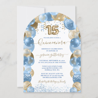 Blue Gold Sparkle Foto Quinceañera Balloon Einladung
