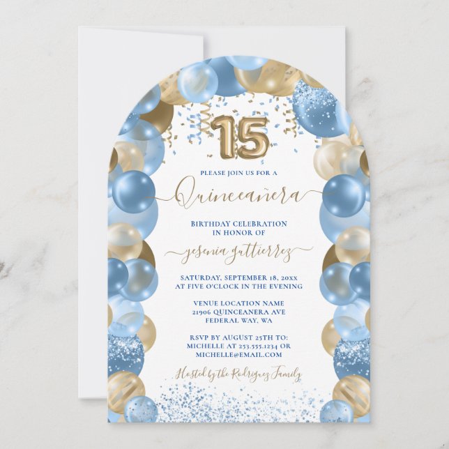 Blue Gold Sparkle Foto Quinceañera Balloon Einladung (Vorderseite)