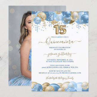 Blue Gold Sparkle Foto Quinceañera Balloon Einladung