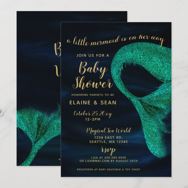Blue Gold Sparkle Mermaid Baby Dusche Einladung (Vorne/Hinten)