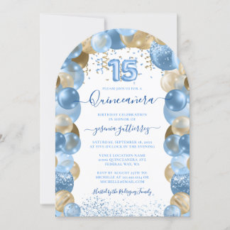 Blue Gold Sparkle Quinceañera Ballon Einladung