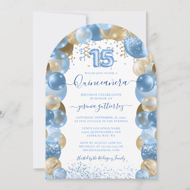Blue Gold Sparkle Quinceañera Ballon Einladung (Vorderseite)