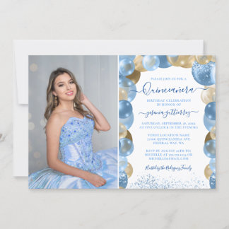 Blue Gold Sparkle Quinceañera Ballon Foto Invita Einladung