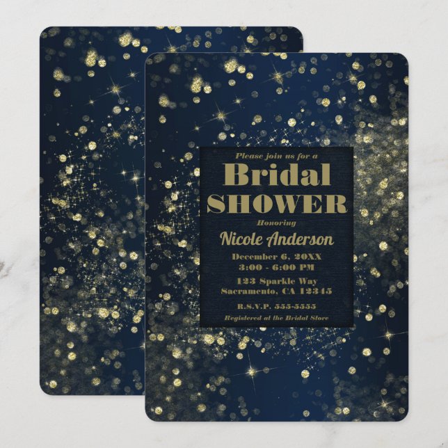 Blue & Gold Sparkling Lights Glam Brautparty Einladung (Vorne/Hinten)