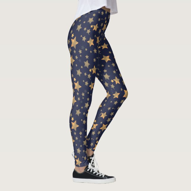 Blue & Gold Star Pattern Weihnachten Leggings (Rechts)