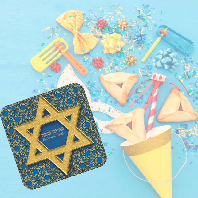 Blue Gold Star von David Hebrew Happy Purim Quadratischer Aufkleber (Von Creator hochgeladen)