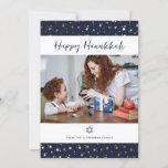 Blue Gold Starry Happy Hanukkah Foto Card Feiertagskarte<br><div class="desc">Diese elegante und festliche blaue und goldene Hanukkah-Fotokarte mit blauem Hintergrund und goldenen Sternen ist einfach zu personalisieren.</div>