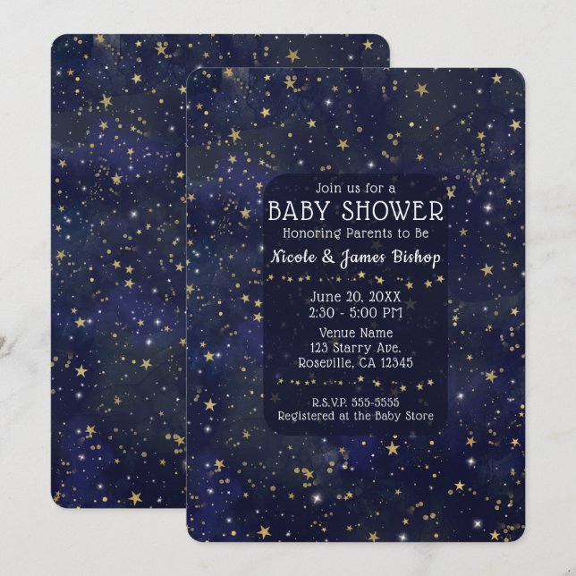 Blue & Gold Starry Night Sky Celestial Baby Dusche Einladung (Vorne/Hinten)