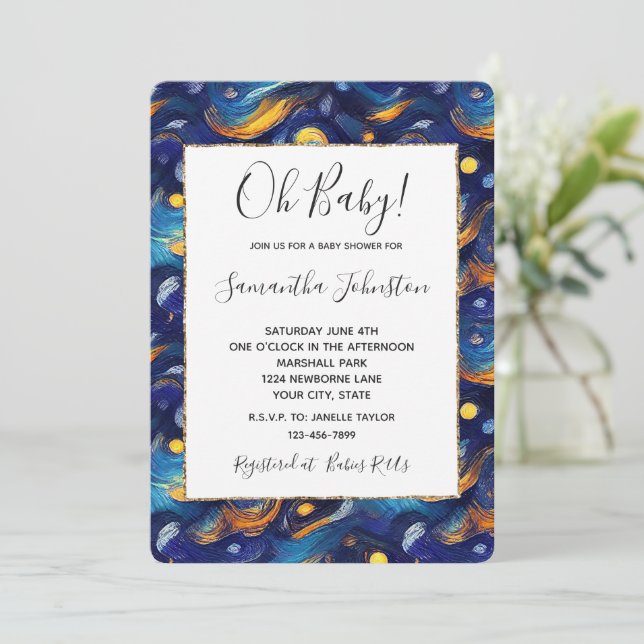 Blue Gold Starry Sky Baby Dusche Einladung (Stehend Vorderseite)